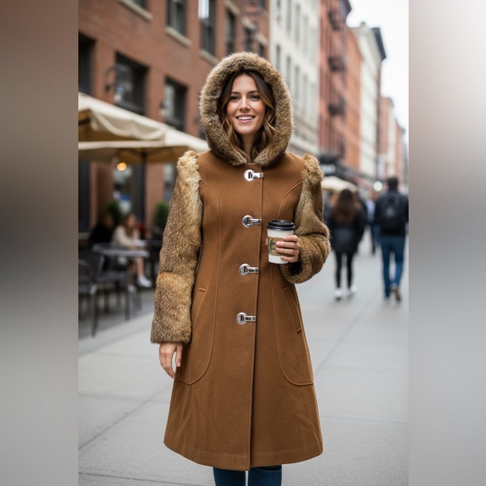 First Glance Women's Vintage 60’s 70’s Fur Hooded Pea Coat Brown Small